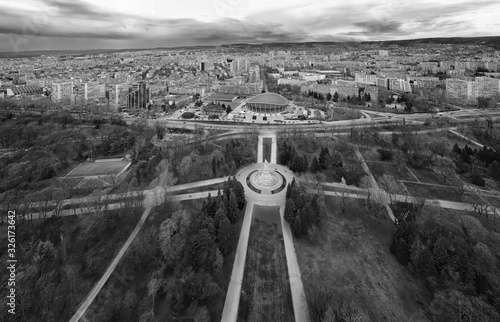 Varna, Bulgaria - February 11, 2020: Panoramic aerial view from the sea garden to The Pantheon of the Fallen of the Wars and Palace of Culture and Sport.