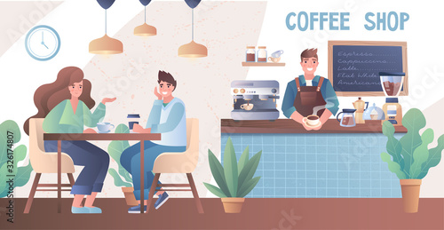 Young couple seated at a table drinking in a coffee shop as a smiling barista stands behind the counter in a colorful vector illustration
