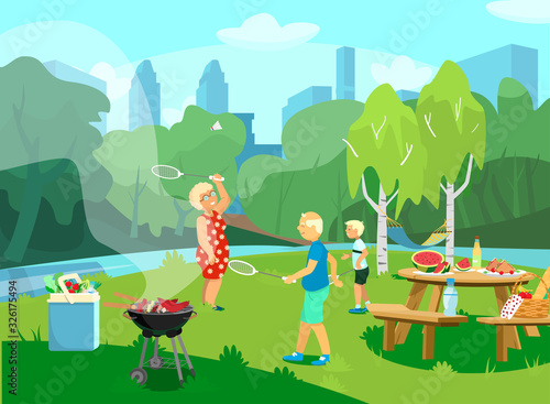 Vector illustration of the park csene with grandparents and grandchild having picnic and barbecue in the park, playing badminton.  Grill with sausages and skewers. Picnic table served.Cartoon style.