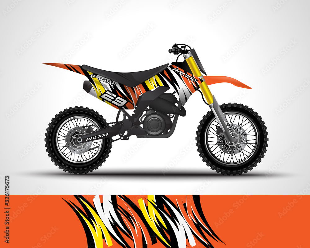 Racing motorcycle wrap decal and vinyl sticker design. Concept graphic abstract background for wrapping vehicles, motorsports, Sportbikes, motocross, supermoto and livery. Vector illustration. Racing motorcycle wrap decal and vinyl sticker design. Concept graphic abstract background for wrapping vehicles, motorsports, Sportbikes, motocross, supermoto and livery. Vector illustration.