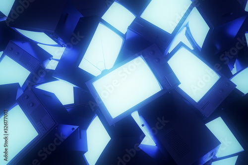 Lots of retro tv with blue glowing screens. Old technology. 3d illustration.