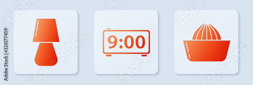 Set Digital alarm clock , Table lamp and Citrus fruit juicer . White square button. Vector