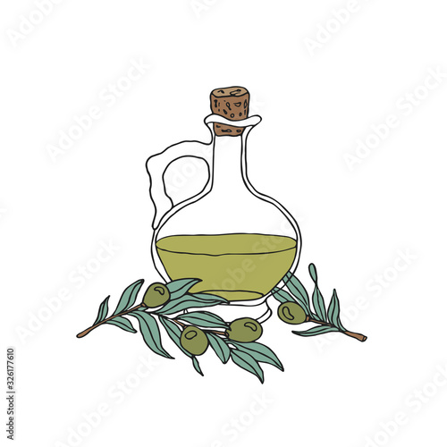 Hand drawn olive oil bottle with olive branches. Vintage vector illustration in sketch style isolated on white background. Perfect for restaurant menu, wrapping, logo, print