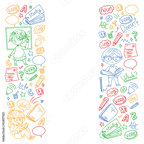 English school for children. Learn language. Education vector illustration. Kids drawing doodle style image.