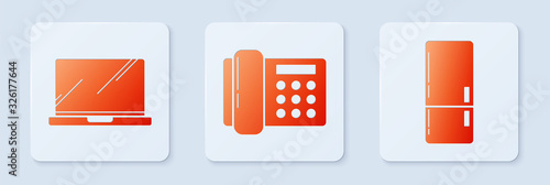 Set Telephone , Laptop and Refrigerator . White square button. Vector