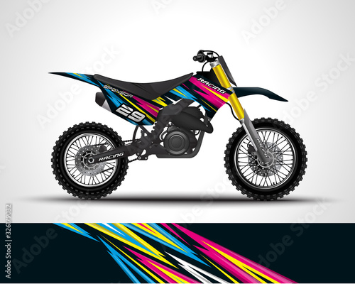 Racing motorcycle wrap decal and vinyl sticker design. Concept graphic abstract background for wrapping vehicles, motorsports, Sportbikes, motocross, supermoto and livery. Vector illustration.