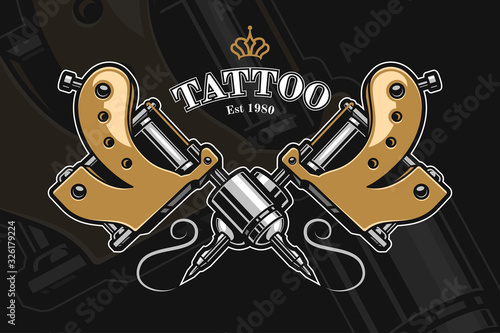 Crossed golden tattoo machine vector illustration. Tattoo studio emblem template isolated on dark background. Decorative element for your design. Applicable for t-shirt print, banner, sticker.