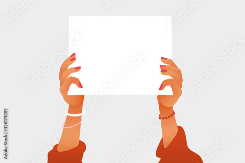 Female hands holding a white blank picket placard. Woman Feminist protest action vector illustration. The struggle for women's rights. Flat style.