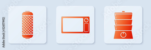 Set Microwave oven , Stereo speaker and Double boiler . White square button. Vector