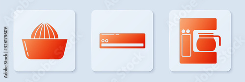 Set Air conditioner , Citrus fruit juicer and Coffee machine with glass pot . White square button. Vector