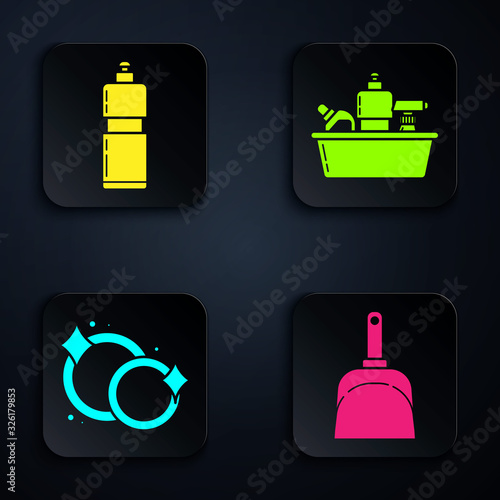 Set Dustpan , Plastic bottles for liquid dishwashing liquid, Washing dishes and Plastic bottles for liquid dishwashing liquid. Black square button. Vector