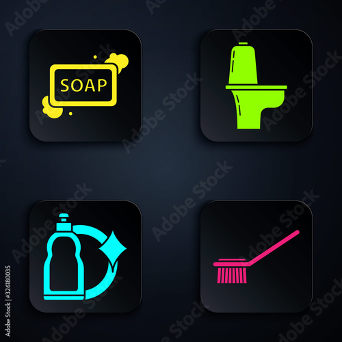 Set Toilet brush , Bar of soap with foam , Plastic bottles for liquid dishwashing liquid and Toilet bowl . Black square button. Vector