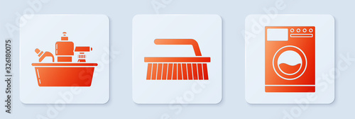 Set Brush for cleaning , Plastic bottles for liquid dishwashing liquid and Washer . White square button. Vector