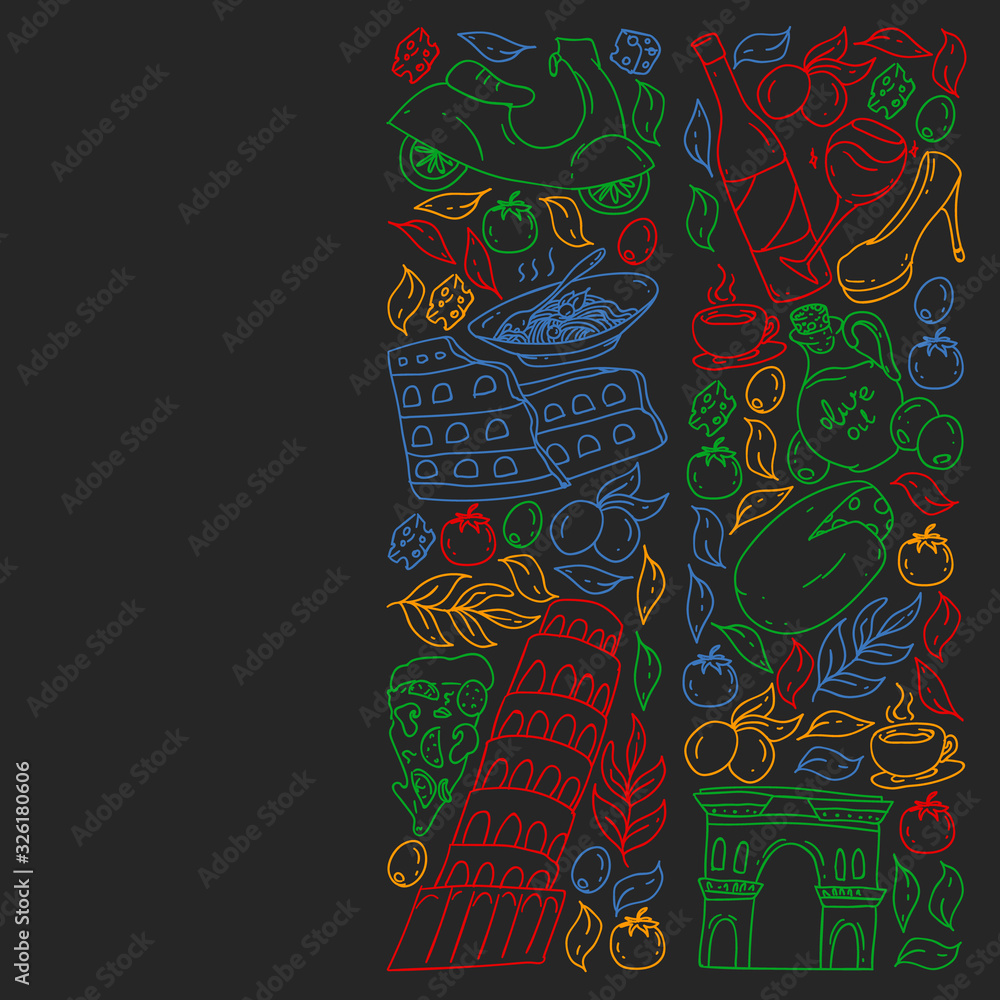 Italy. Vector set of icons for restaurant, cafe, backgrounds. Coliseum, Rome, Pisa, Venice. Cheese and Pizza.