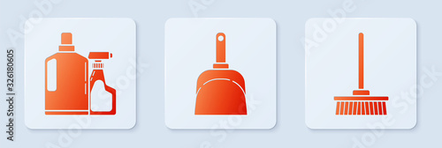 Set Dustpan , Plastic bottles for liquid dishwashing liquid and Mop . White square button. Vector