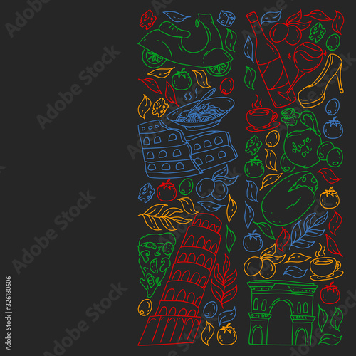 Italy. Vector set of icons for restaurant  cafe  backgrounds. Coliseum  Rome  Pisa  Venice. Cheese and Pizza.
