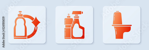 Set Plastic bottles for liquid dishwashing liquid, Plastic bottles for liquid dishwashing liquid and Toilet bowl . White square button. Vector