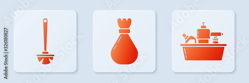 Set Garbage bag , Toilet brush and Plastic bottles for liquid dishwashing liquid. White square button. Vector