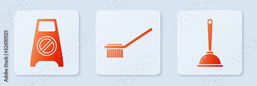 Set Toilet brush , Wet floor and cleaning in progress and Toilet plunger. White square button. Vector