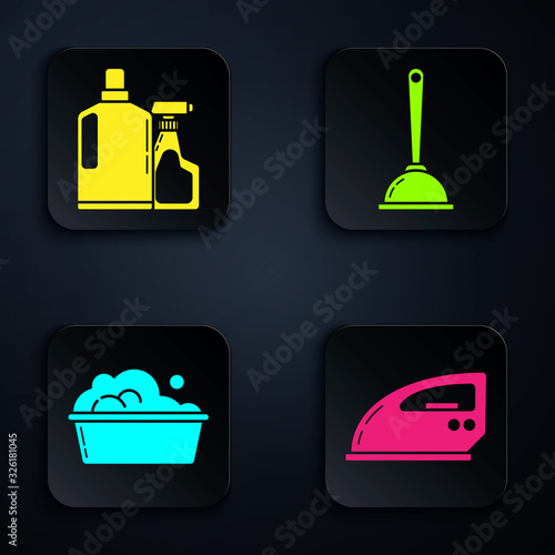 Set Electric iron , Plastic bottles for liquid dishwashing liquid, Plastic basin with soap suds and Toilet plunger. Black square button. Vector