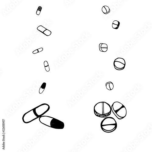 Tablets and pills fall in a scattering from above. Monochromatic outline linear icon of medicines. Hand-drawn medical contour vector illustration in doodle style. Simple sketch
