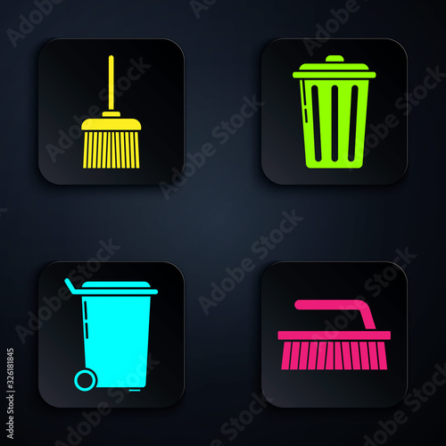 Set Brush for cleaning , Handle broom , Trash can and Trash can . Black square button. Vector