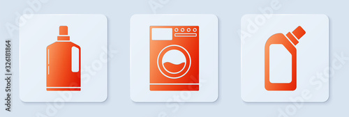 Set Washer , Plastic bottles for liquid dishwashing liquid and Plastic bottles for liquid dishwashing liquid. White square button. Vector