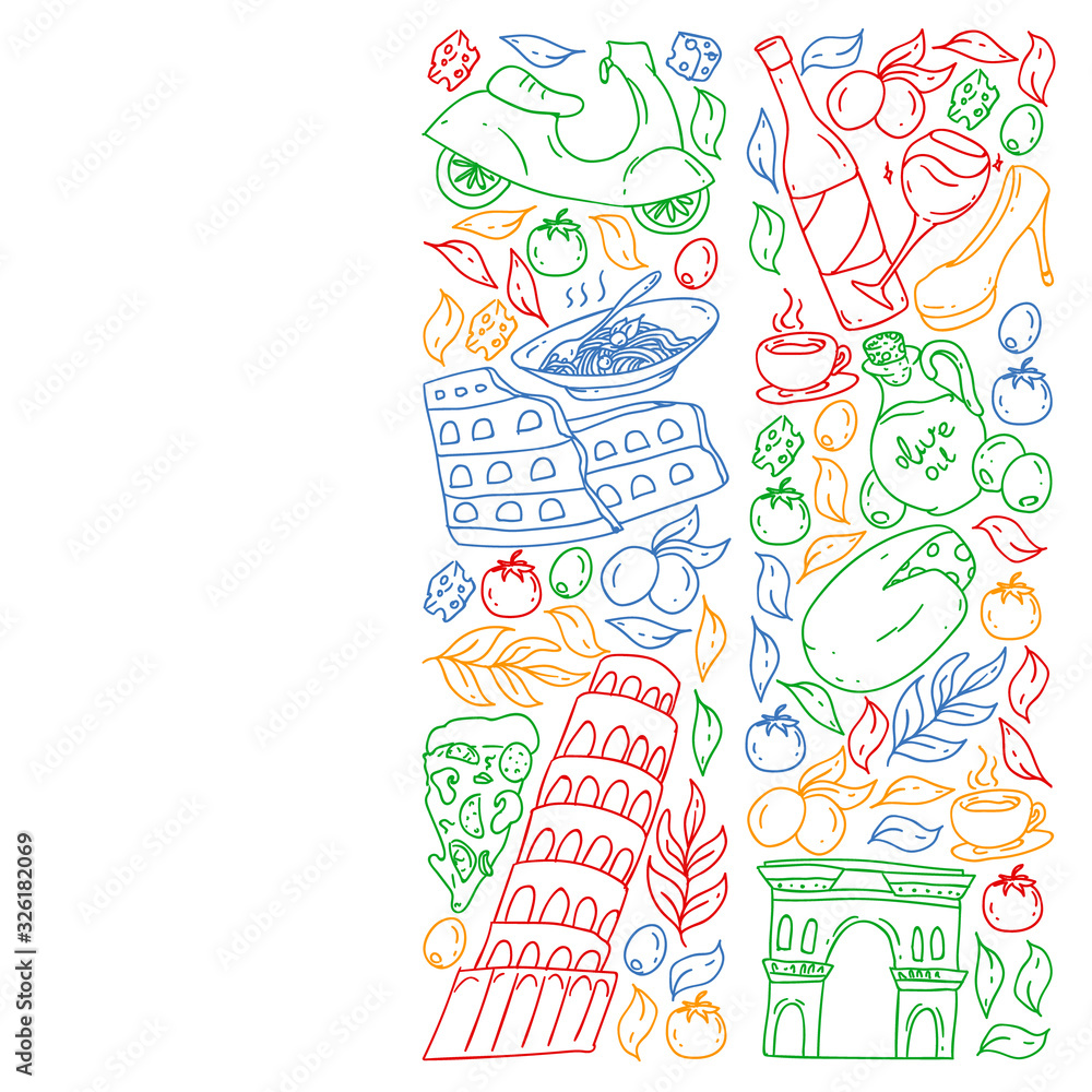 Italy. Vector set of icons for restaurant, cafe, backgrounds. Coliseum, Rome, Pisa, Venice. Cheese and Pizza. Italy. Vector set of icons for restaurant, cafe, backgrounds. Coliseum, Rome, Pisa, Venice. Cheese and Pizza.