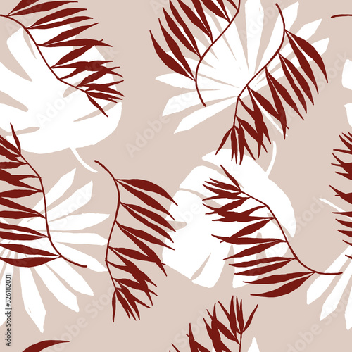 Abstract trendy seamless pattern with random different silhouettes of tropical plants in warm earthy colors. Brown, beige, white. Modern textile, branding, packaging.