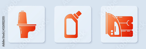 Set Plastic bottles for liquid dishwashing liquid, Toilet bowl and Electric iron and towel . White square button. Vector