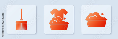 Set Plastic basin with soap suds , Handle broom and Plastic basin with soap suds . White square button. Vector