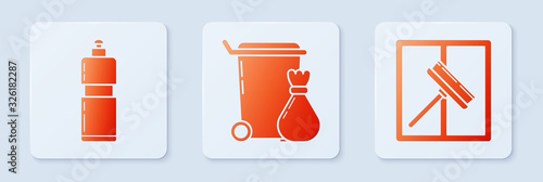 Set Trash can , Plastic bottles for liquid dishwashing liquid and Squeegee, scraper, wiper. White square button. Vector