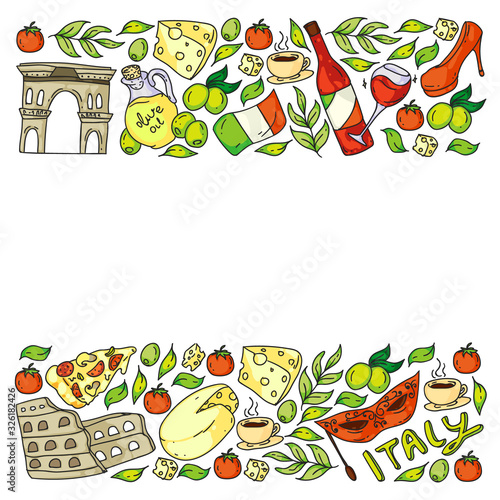 Italy. Vector set of icons for restaurant, cafe, backgrounds. Coliseum, Rome, Pisa, Venice. Cheese and Pizza.
