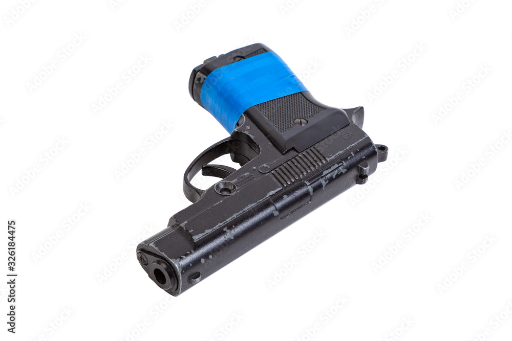 Black steel gun with a handle wrapped in blue electrical tape on a white isolated background Black steel gun with a handle wrapped in blue electrical tape on a white isolated background