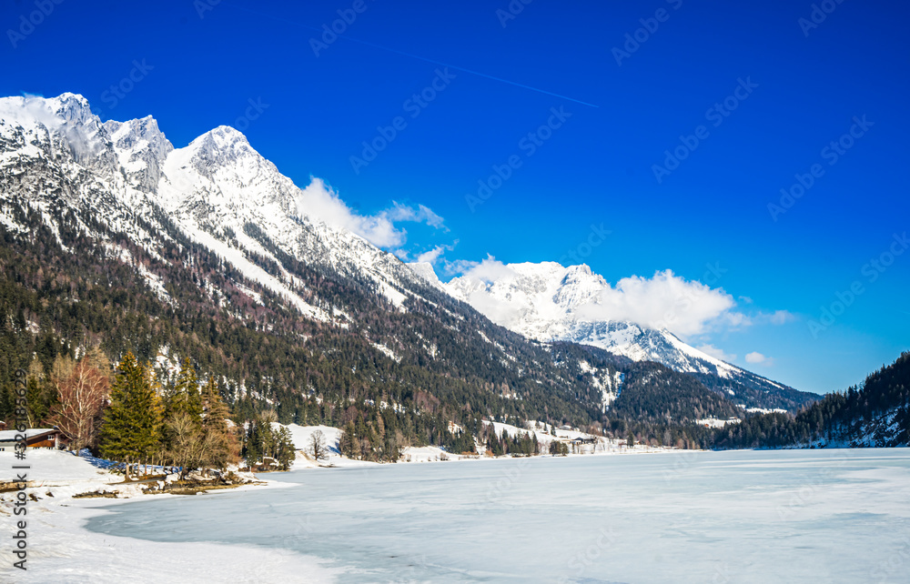 View on winter landscape at Hintersteiner Lake in Tyrol, Austria