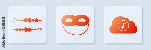 Set Festive mask , Grilled shish kebab and Music streaming service . White square button. Vector