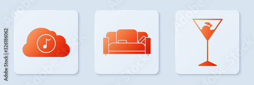 Set Sofa , Music streaming service and Martini glass . White square button. Vector
