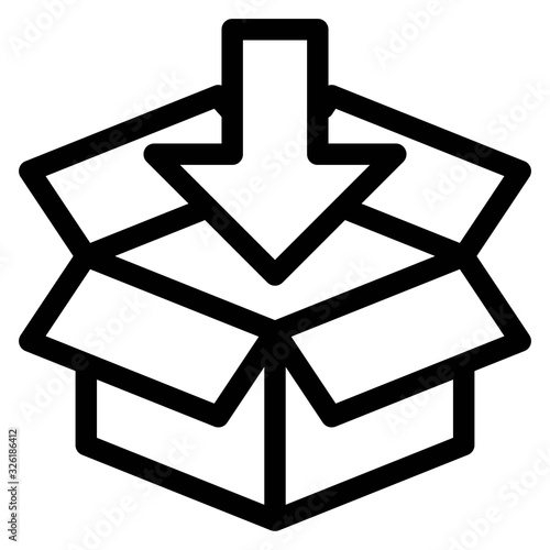 Cardboard box with down arrow sign. Cargo packaging, Parcel delivery icon illustration in line style.