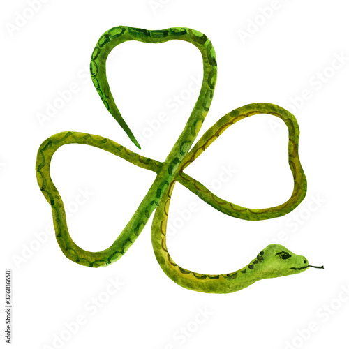 Green snake in the form of a shamrock. Hand-drawn watercolor illustration. Funny element for St. Patrick's Day celebration and design with Irish symbols