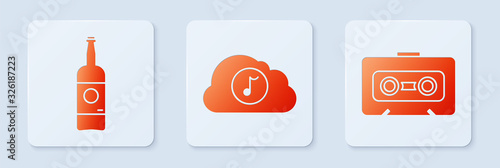 Set Music streaming service , Beer bottle and Retro audio cassette tape . White square button. Vector