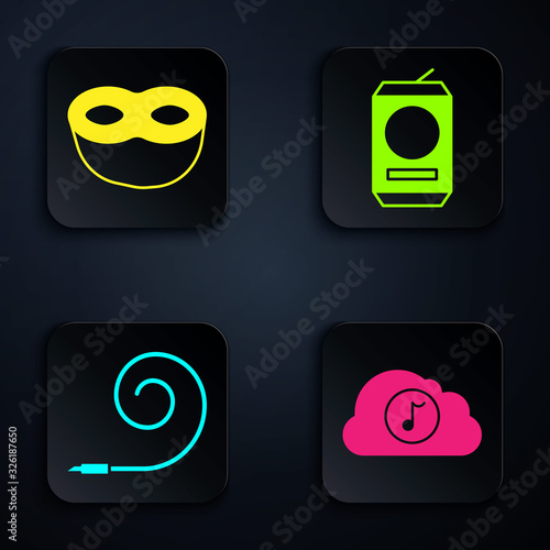 Set Music streaming service , Festive mask , Birthday party horn and Beer can . Black square button. Vector