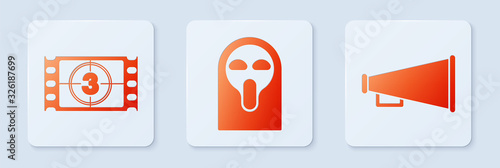Set Funny and scary ghost mask, Play Video and Megaphone . White square button. Vector