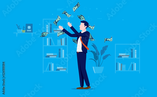 Raining money in office - Money falling on businessman in workplace, or man throwing money in the air. Blue background. Income, salary, payday and profits concept.