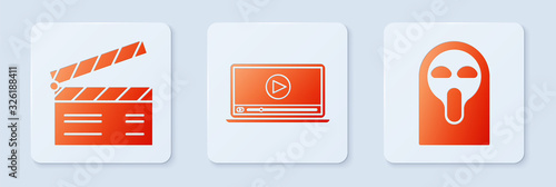 Set Online play video , Movie clapper and Funny and scary ghost mask. White square button. Vector