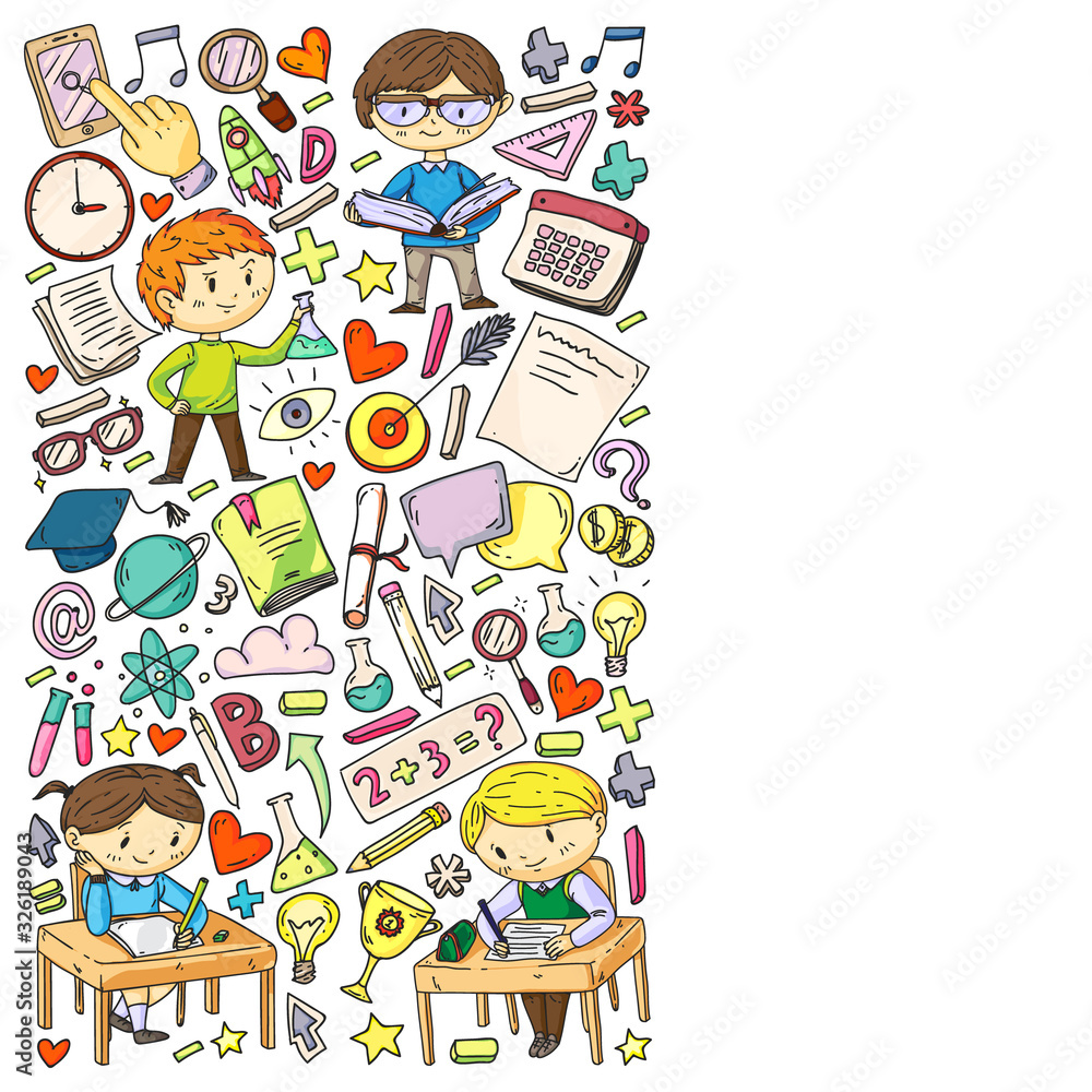 Back to school. Pattern with books, education element and little students. Kids, children learning mathematic, geography, geometry, physic, chemistry