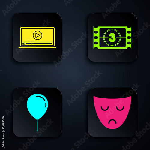Set Drama theatrical mask , Online play video , Balloon with ribbon and Play Video . Black square button. Vector