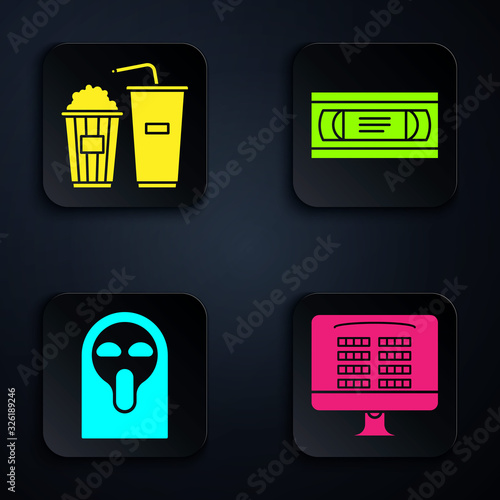 Set Buy cinema ticket online , Popcorn and soda drink glass, Funny and scary ghost mask and VHS video cassette tape . Black square button. Vector