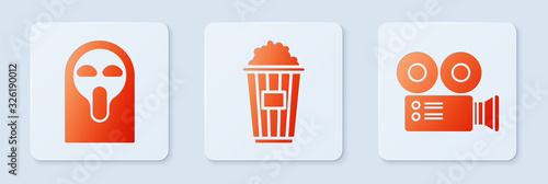 Set Popcorn in cardboard box , Funny and scary ghost mask and Cinema camera . White square button. Vector