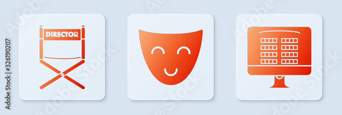 Set Comedy theatrical mask , Director movie chair and Buy cinema ticket online . White square button. Vector