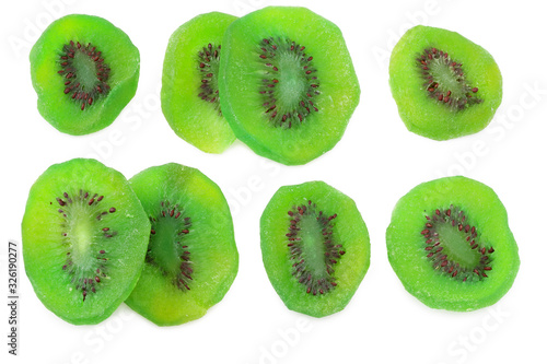 slices dried kiwi isolated on white background. top view